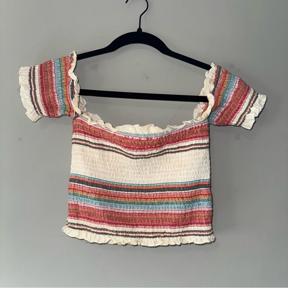Forever 21 Womens Striped Smocked Off The Shoulder Crop‎ Top Ruffle Sleeve Small